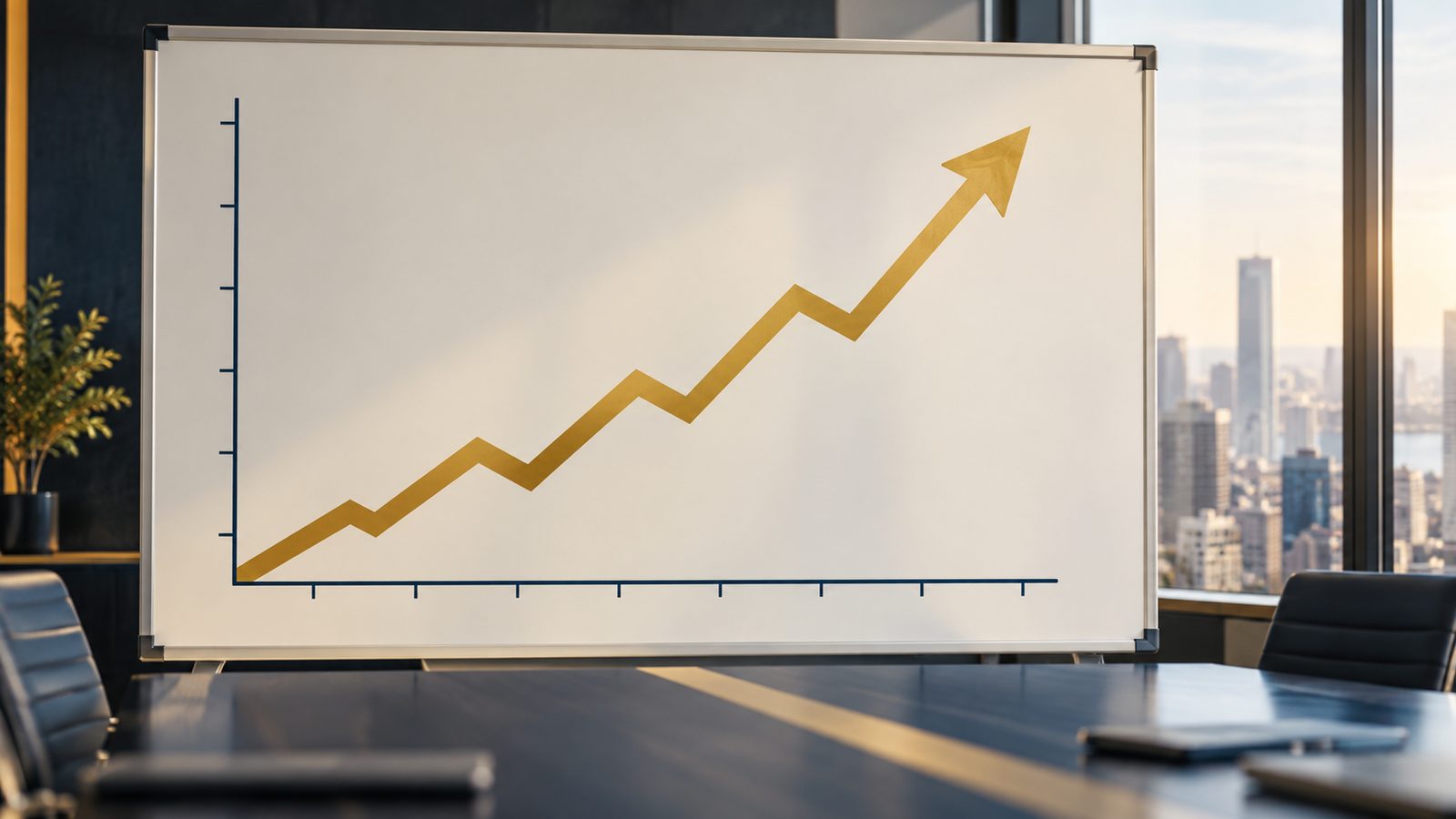 ホワイトボードに描かれた金色の右上がりの折れ線グラフと上向きの矢印